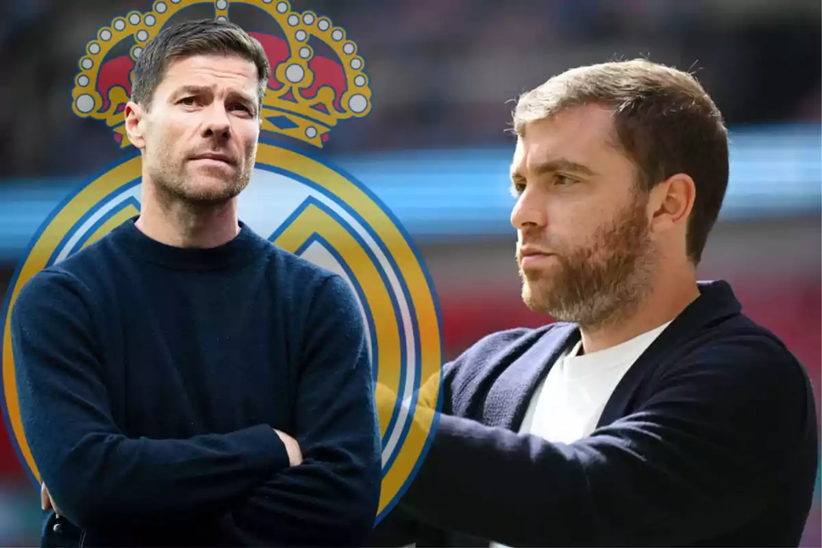 Two men standing with serious expressions, one of them with a background that includes a soccer shield.