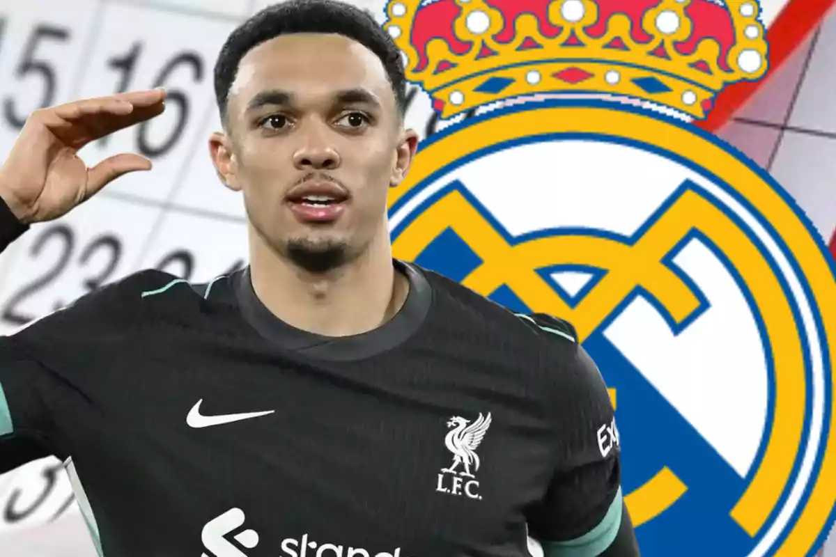 Un jugador de fútbol con uniforme del Liverpool FC hace un gesto con la mano frente a un escudo del Real Madrid.