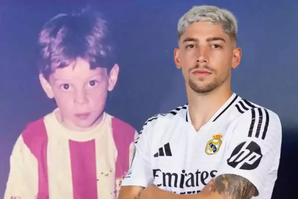 Un hombre con camiseta de fútbol del Real Madrid posa con una foto de él mismo de niño en el fondo.