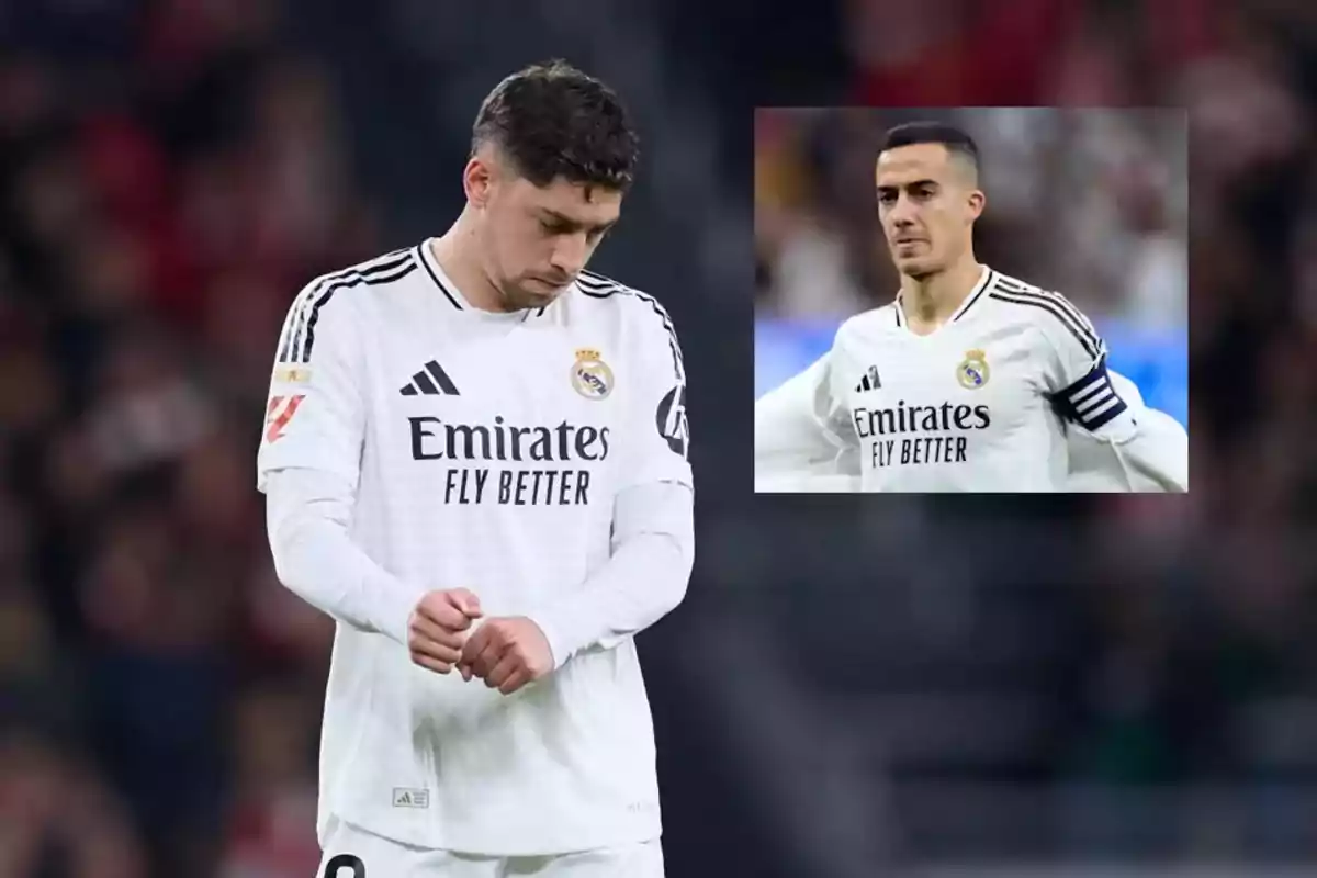 Two Real Madrid players with serious expressions during a match, one of them wearing a captain's armband.