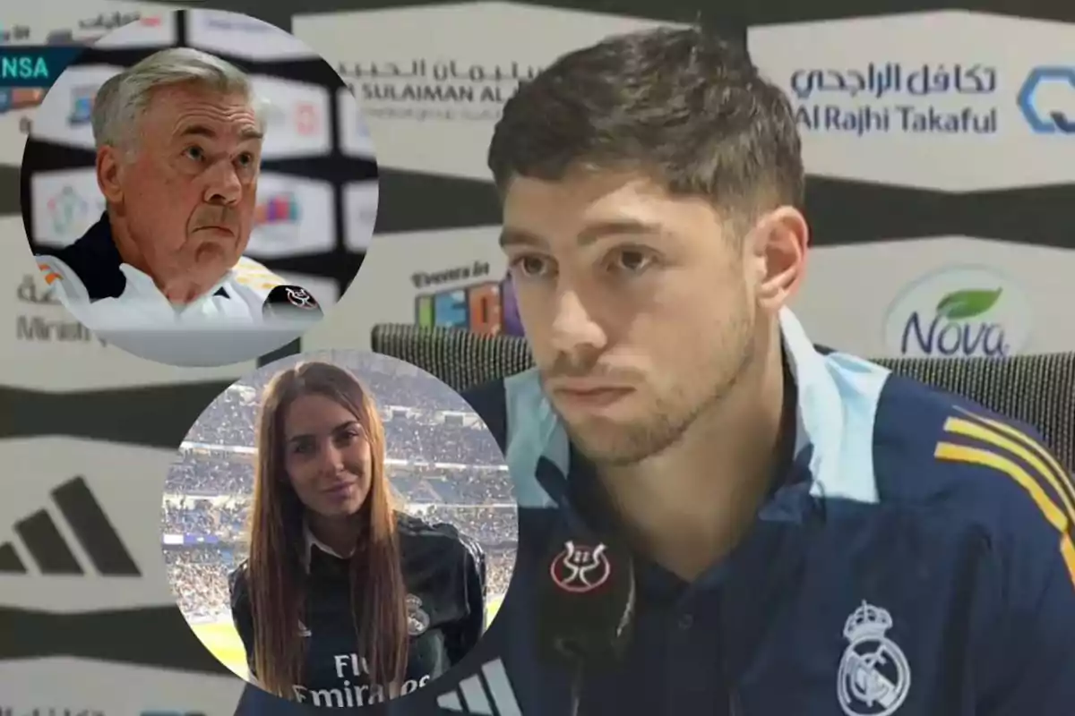 Un hombre con chaqueta del Real Madrid en una conferencia de prensa, con dos imágenes circulares superpuestas mostrando a un hombre mayor y a una mujer joven en un estadio.