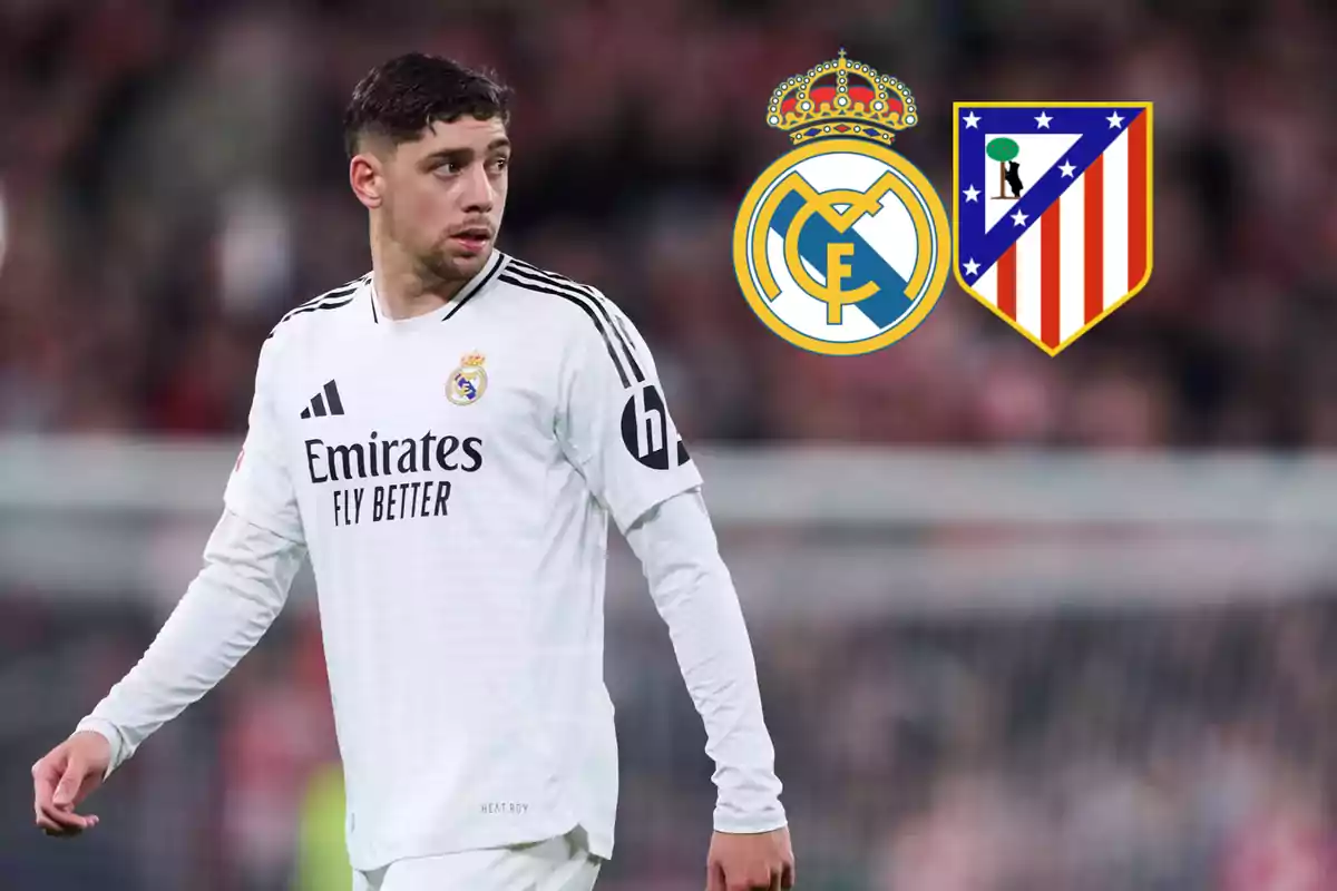 A player in a Real Madrid uniform on the field, with the Real Madrid and Atlético de Madrid crests in the background.