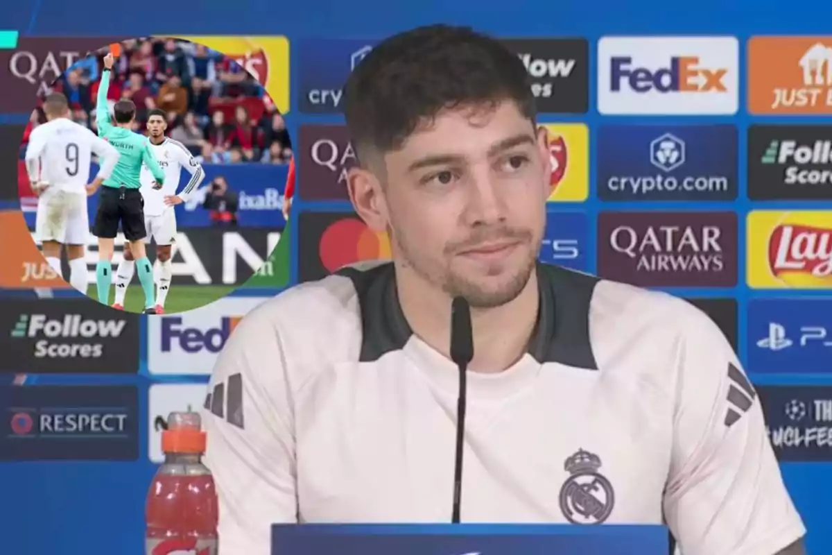 Un jugador de fútbol del Real Madrid en una rueda de prensa con un fondo de patrocinadores y una imagen insertada de un árbitro mostrando una tarjeta roja en un partido.