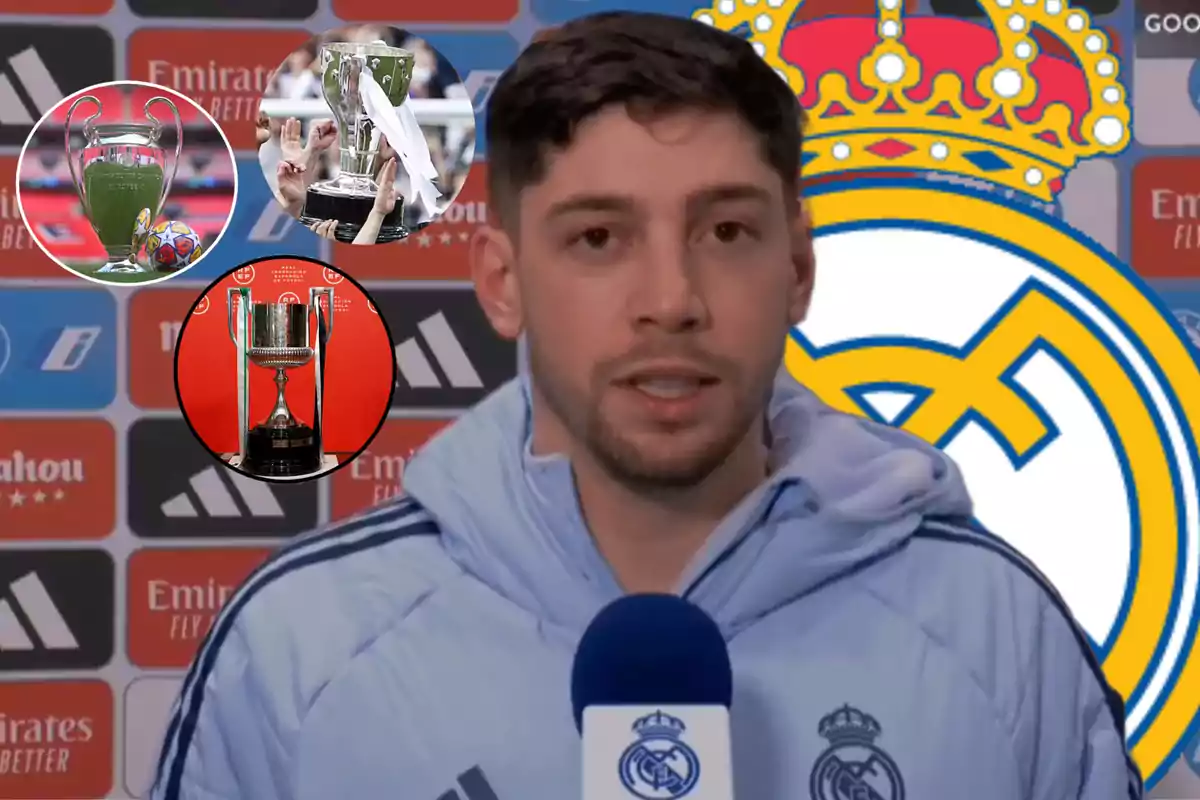 A player from Real Madrid at a press conference with images of trophies in the background.