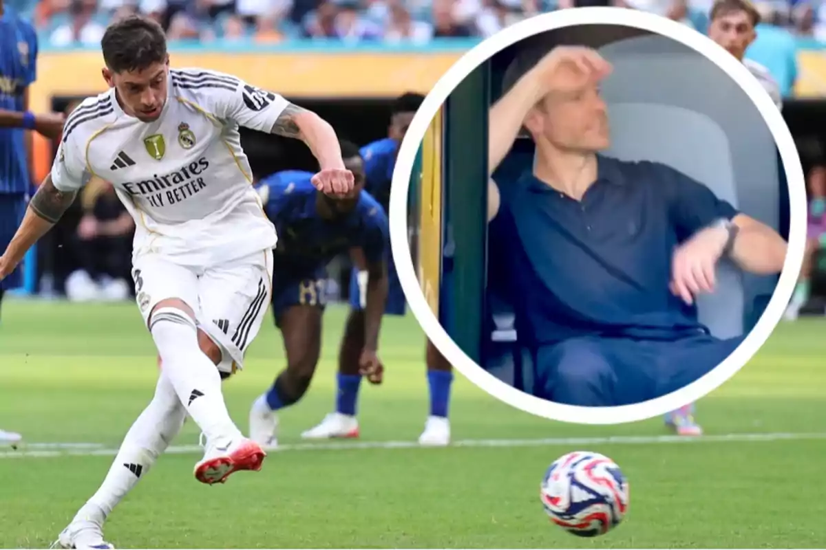 A Real Madrid player kicks a ball during a match while, in a circle, a man sitting on the bench makes a gesture with his arm.