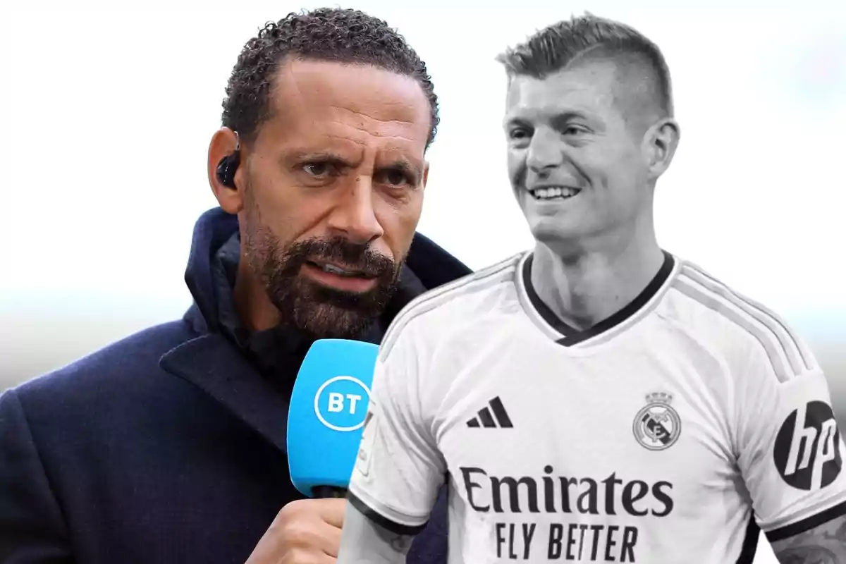 A man with a blue BT microphone and another man in a white soccer uniform smiling.