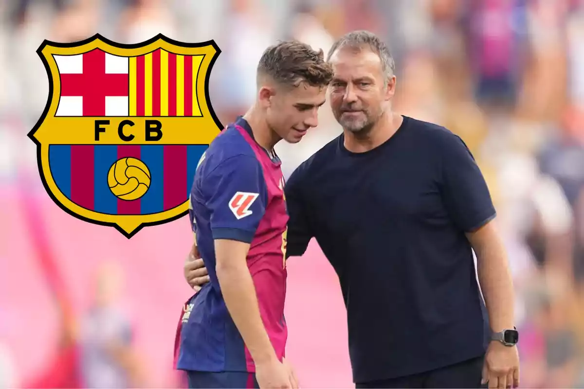 Two people on a soccer field with the FC Barcelona crest in the background.