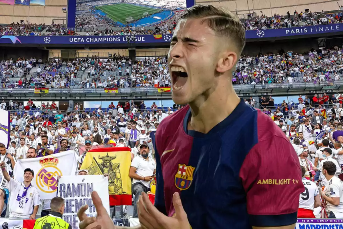 A soccer player wearing a Barcelona jersey celebrates passionately in front of a crowd of fans in a stadium during a UEFA Champions League match.