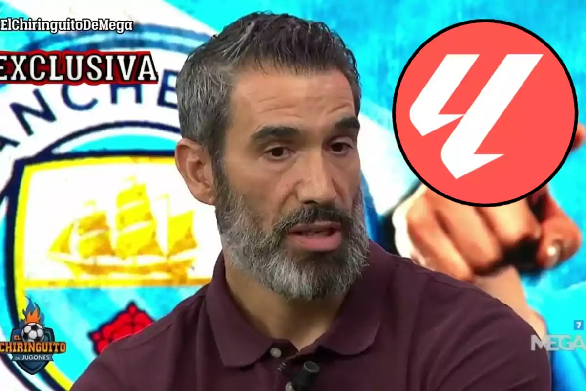 Un hombre con barba y cabello canoso aparece en una entrevista televisiva con un fondo que muestra un escudo de equipo y el texto "EXCLUSIVA".