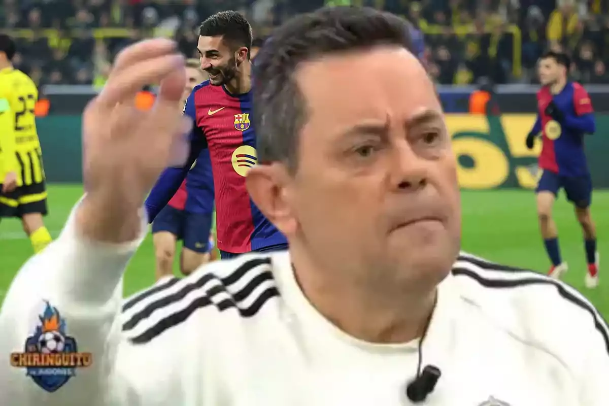 A man with a serious expression in the foreground and a Barcelona soccer player celebrating in the background during a match.