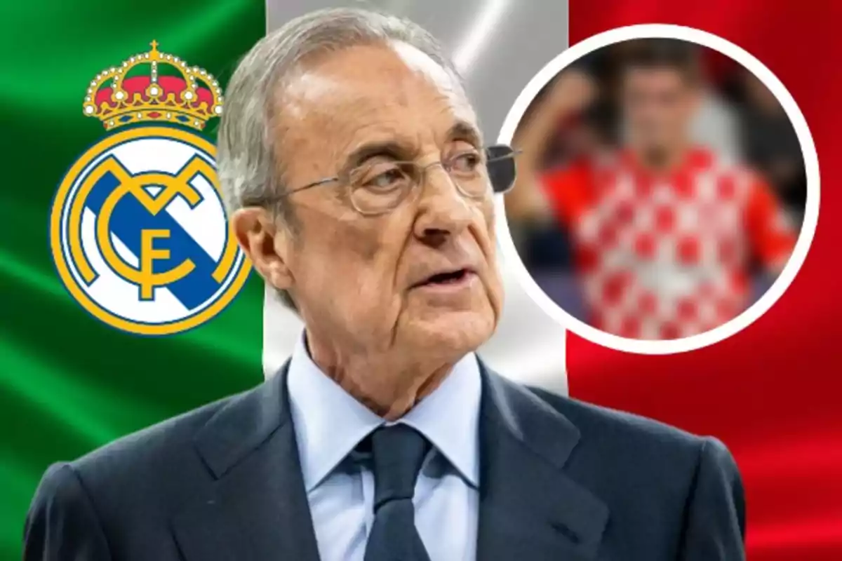 Gray-haired man with glasses and a dark suit in front of a green, white, and red tricolor flag with the Real Madrid crest and a blurred figure in a checkered jersey inside a circle on the right.