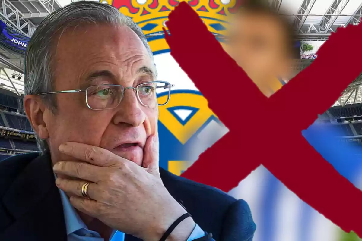 A man with glasses and a ring on his hand thoughtfully touches his chin while a stadium and a large symbol crossed out with a red X can be seen in the background.