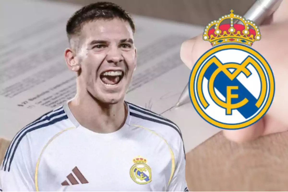 A player wearing a Real Madrid jersey smiles while, in the background, a hand is signing a contract and the club’s crest is visible.