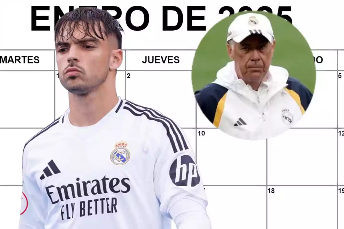 Un jugador de fútbol del Real Madrid frente a un calendario de enero de 2025 con un entrenador en un círculo.