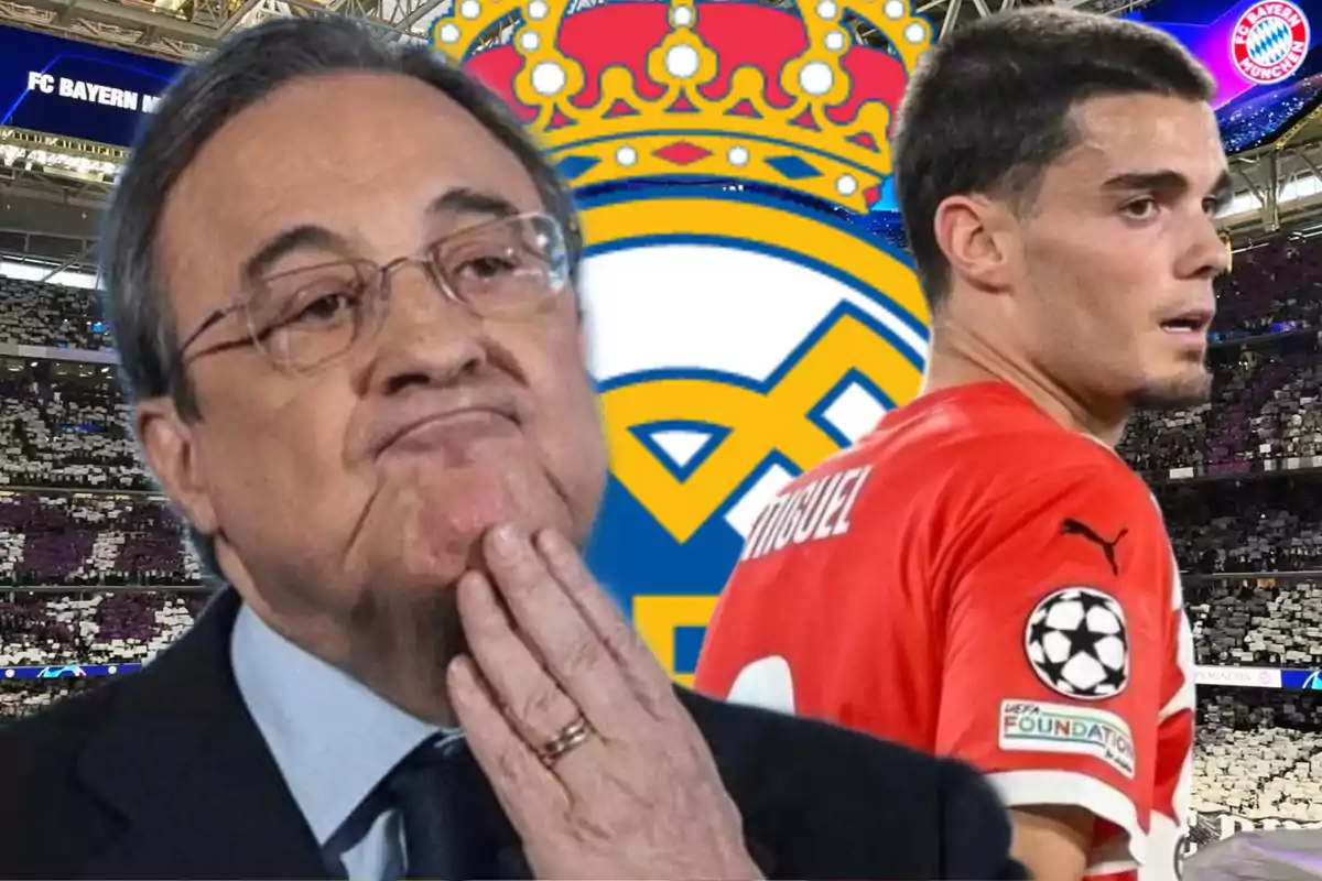 A thoughtful man and a player with the Real Madrid logo in the background at a stadium.