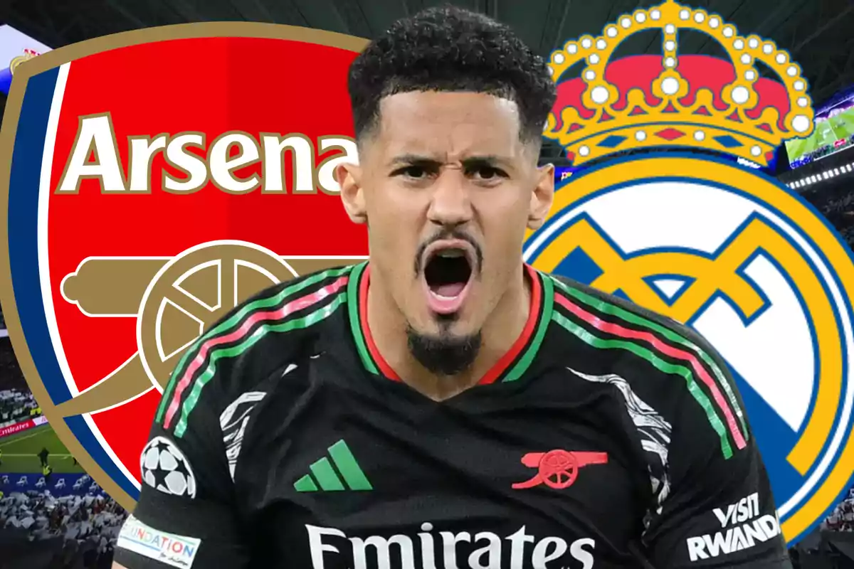 A player wearing a black Arsenal jersey shouts with excitement while the Arsenal and Real Madrid crests are seen in the background.