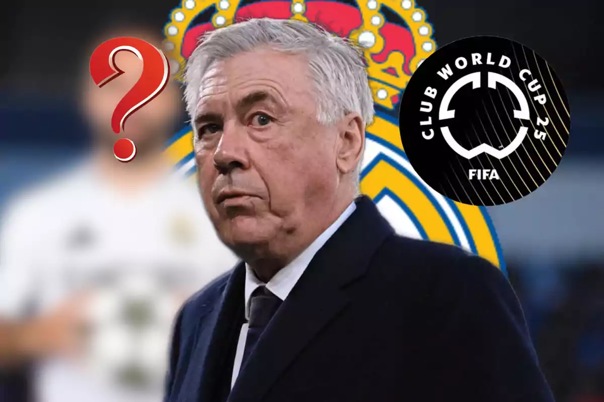 Un hombre de cabello canoso con expresión seria, un signo de interrogación rojo y un logo de la Copa Mundial de Clubes de la FIFA 2025, con un escudo de equipo de fondo.