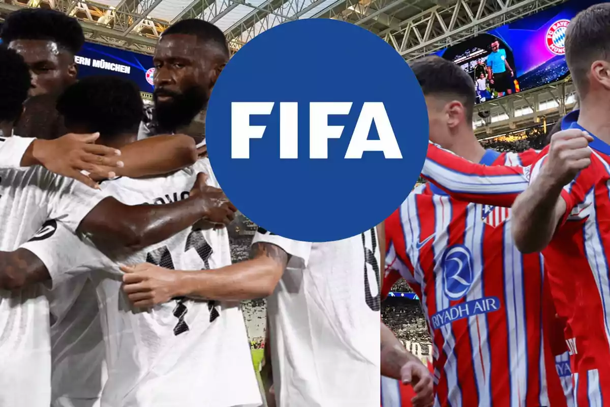 Jugadores de fútbol celebrando en un estadio con el logo de la FIFA superpuesto.