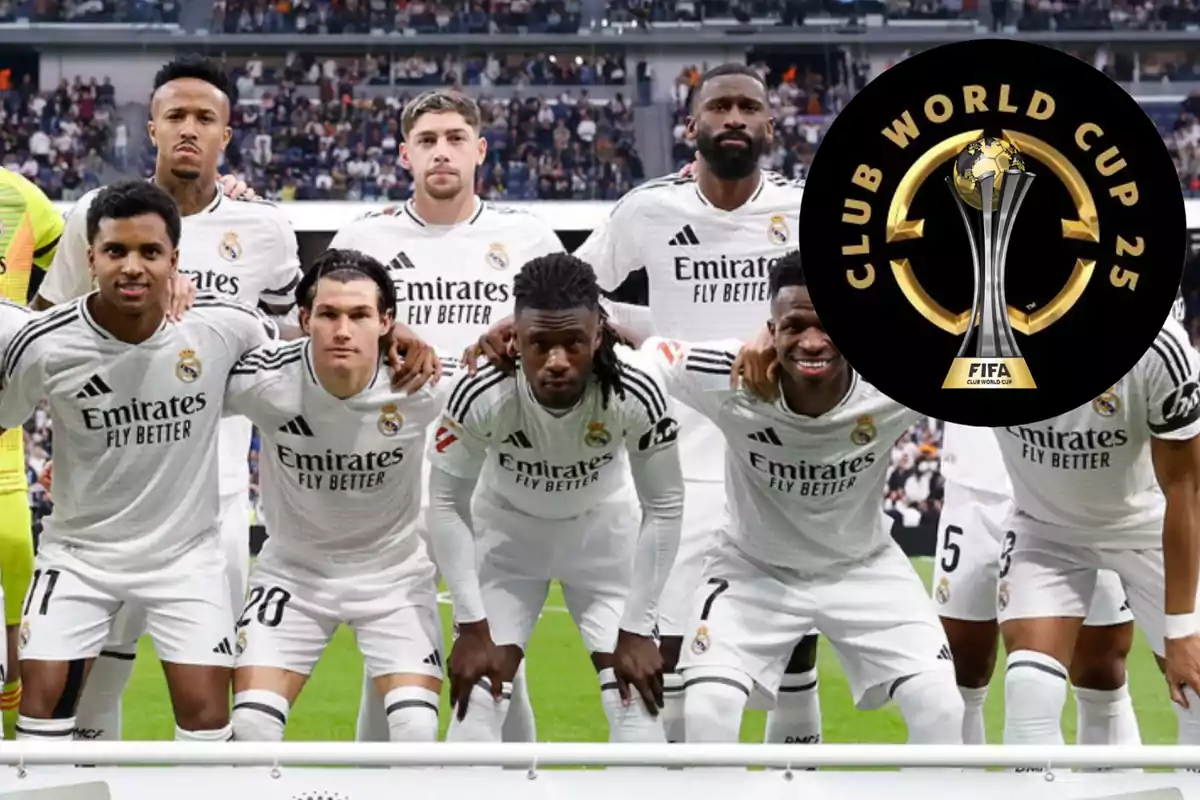 Jugadores de fútbol del Real Madrid posando en el campo con el logo de la Copa Mundial de Clubes 2025.