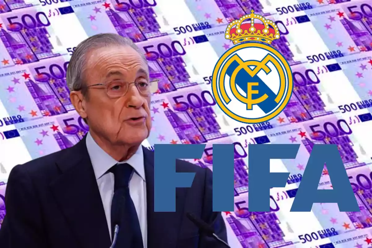 Man in a suit speaking in front of a microphone with a background of 500-euro bills, the Real Madrid crest, and the word FIFA in large letters