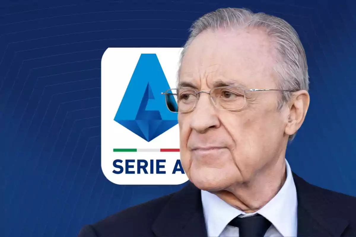 An older man wearing glasses and a dark suit stands in front of a blue background with the Serie A logo.