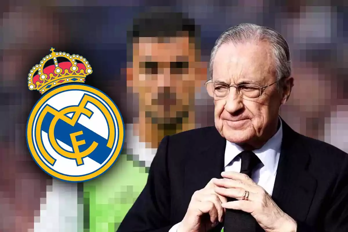 Hombre mayor con gafas y traje oscuro junto al logo del Real Madrid y una figura pixelada al fondo.