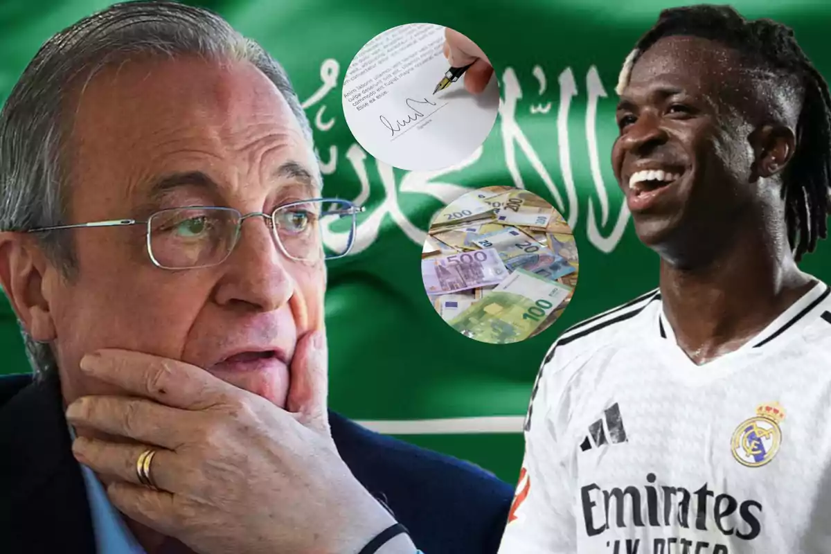 An elderly thoughtful man and a smiling player with a background of the Saudi Arabian flag, alongside images of a contract being signed and euro bills.