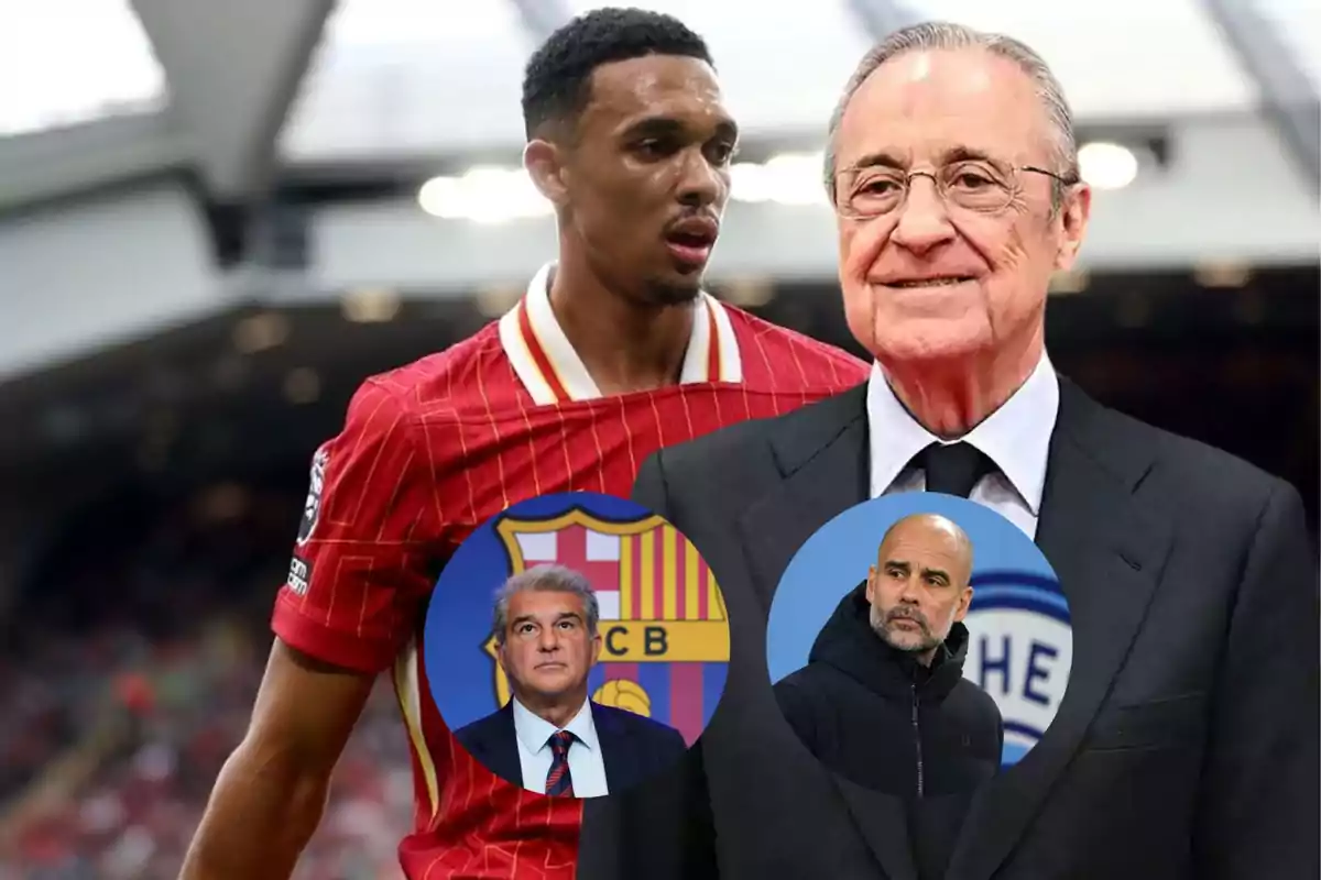 A soccer player in a red jersey stands next to an older man in a suit and tie, with two overlapping circular images showing two other men, one in front of a soccer club crest and the other in a black jacket.