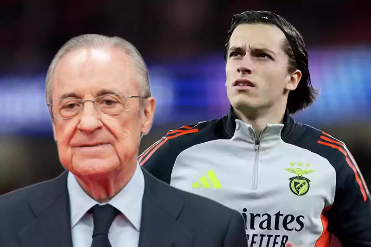 An older man with glasses and a suit is in the foreground while a young man in a Benfica sports uniform appears in the background looking to the right.