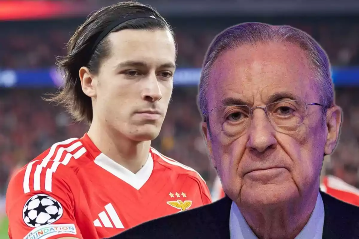 A player in a red uniform and an elderly person with glasses in a photo montage.