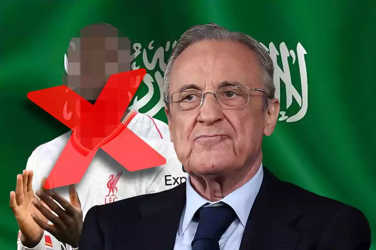 A man in glasses and a suit appears in front of a green flag with Arabic writing, while behind him there is a pixelated figure wearing a soccer jersey with a large red "X" symbol over it.