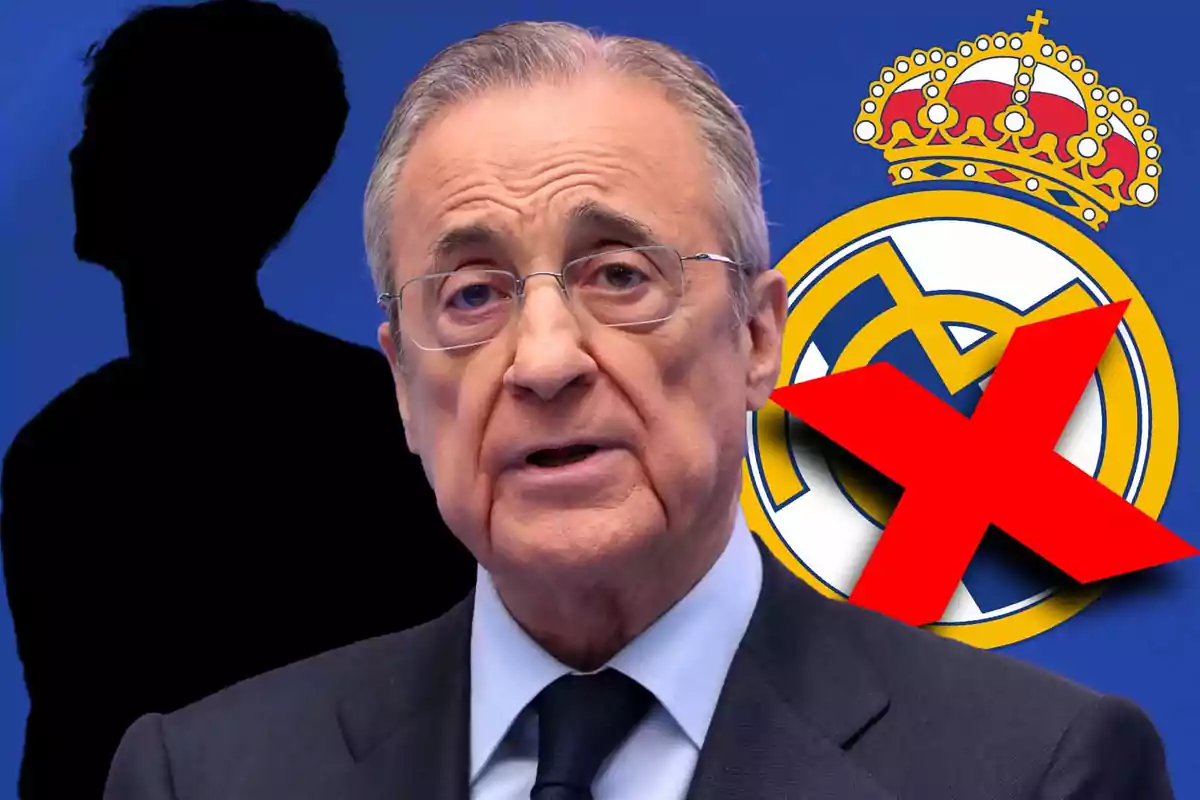 Un hombre mayor con gafas frente a un escudo del Real Madrid y una silueta negra con una gran X roja.