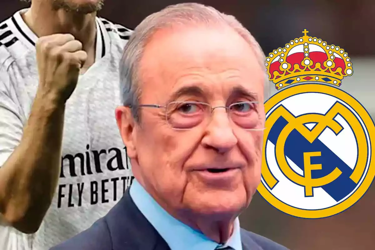 An older man with glasses and a suit is in front of the Real Madrid crest, while in the background a player is seen with his fist raised.