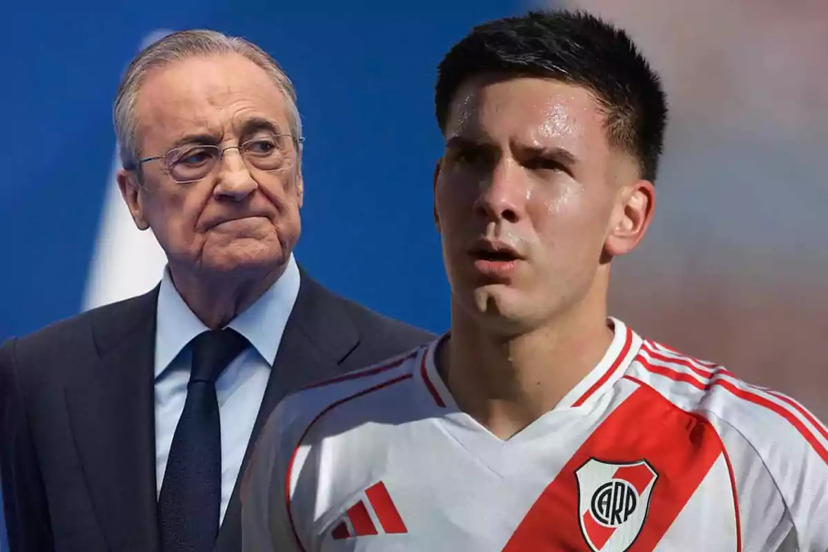 Dos hombres, uno con traje y otro con camiseta de fútbol de River Plate, sobre un fondo azul.