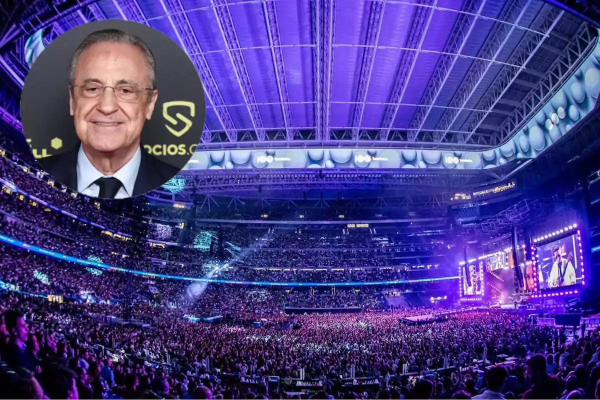 Un estadio lleno de gente durante un concierto con una imagen superpuesta de un hombre mayor con gafas y traje.