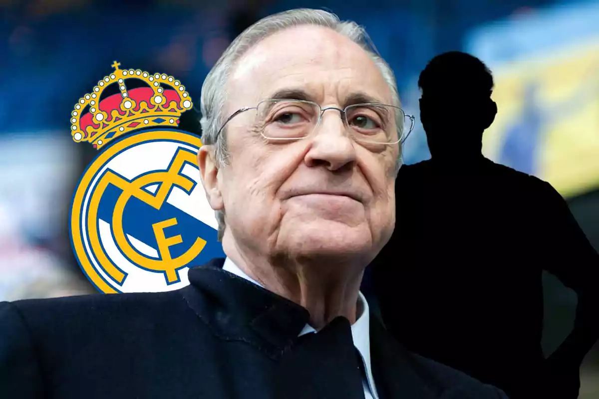 An older man with glasses and a dark coat in front of the Real Madrid logo and the silhouette of a person in the background.