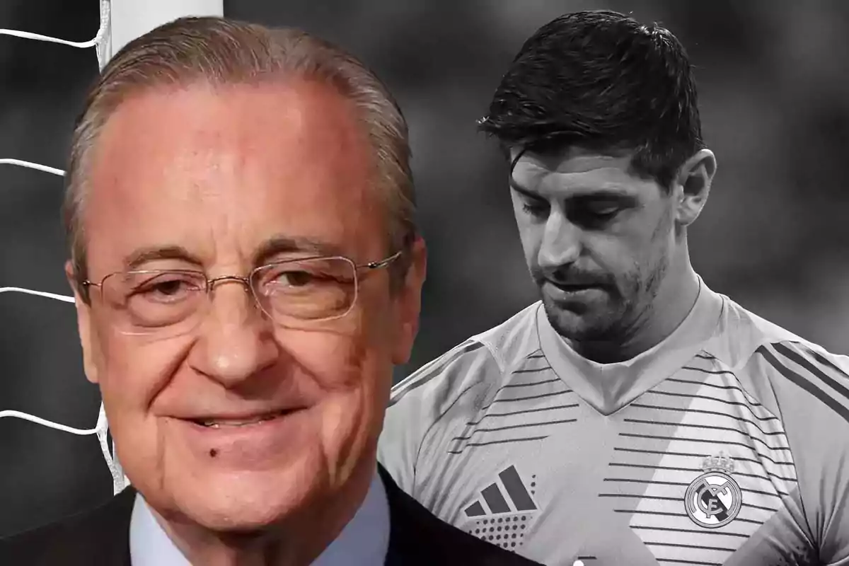 Two men, one in a suit and glasses smiling and the other in a Real Madrid soccer uniform, with a serious expression.