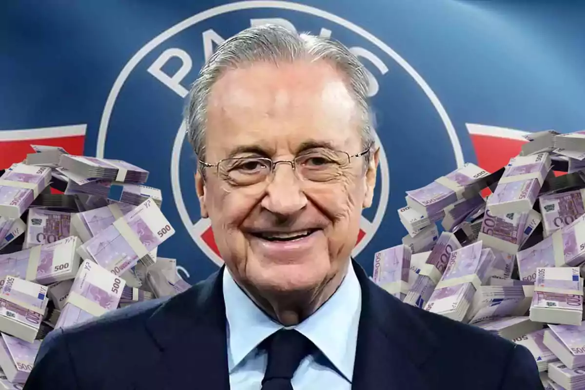 An elderly smiling man with glasses and a suit in front of a soccer team logo and stacks of 500 euro bills.
