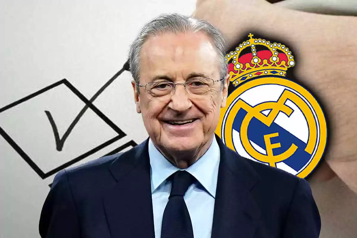 A man with glasses and a suit smiles in front of the Real Madrid logo and an image of a checked box.