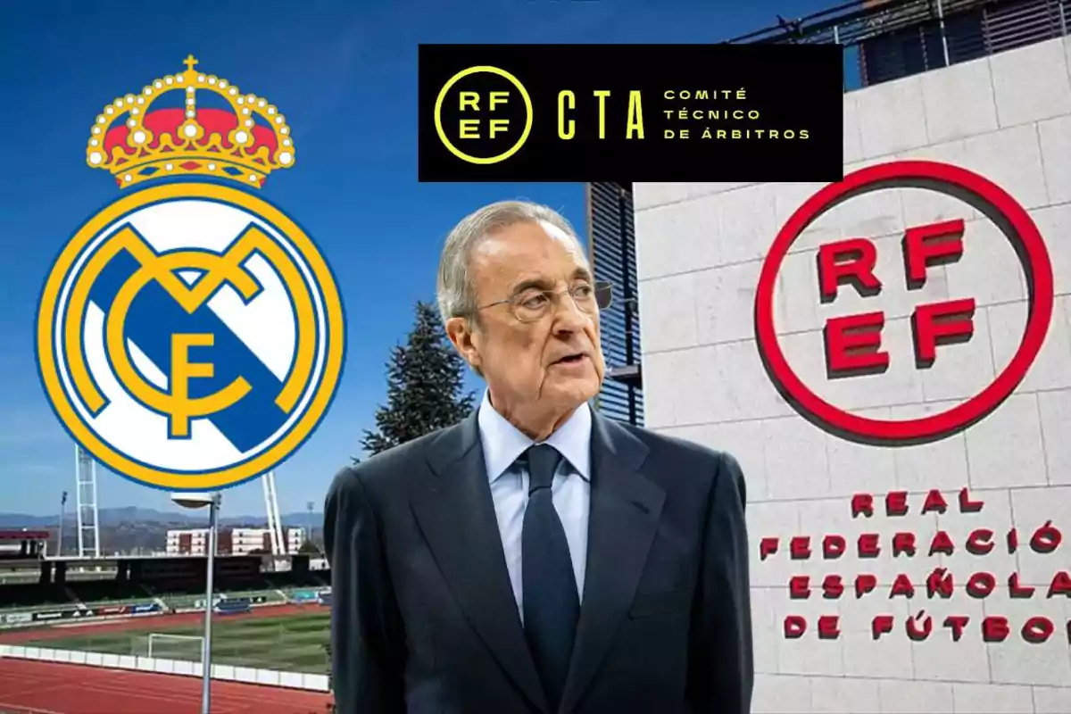 A man in a suit in front of a soccer field with the Real Madrid logo and the building of the Royal Spanish Football Federation.