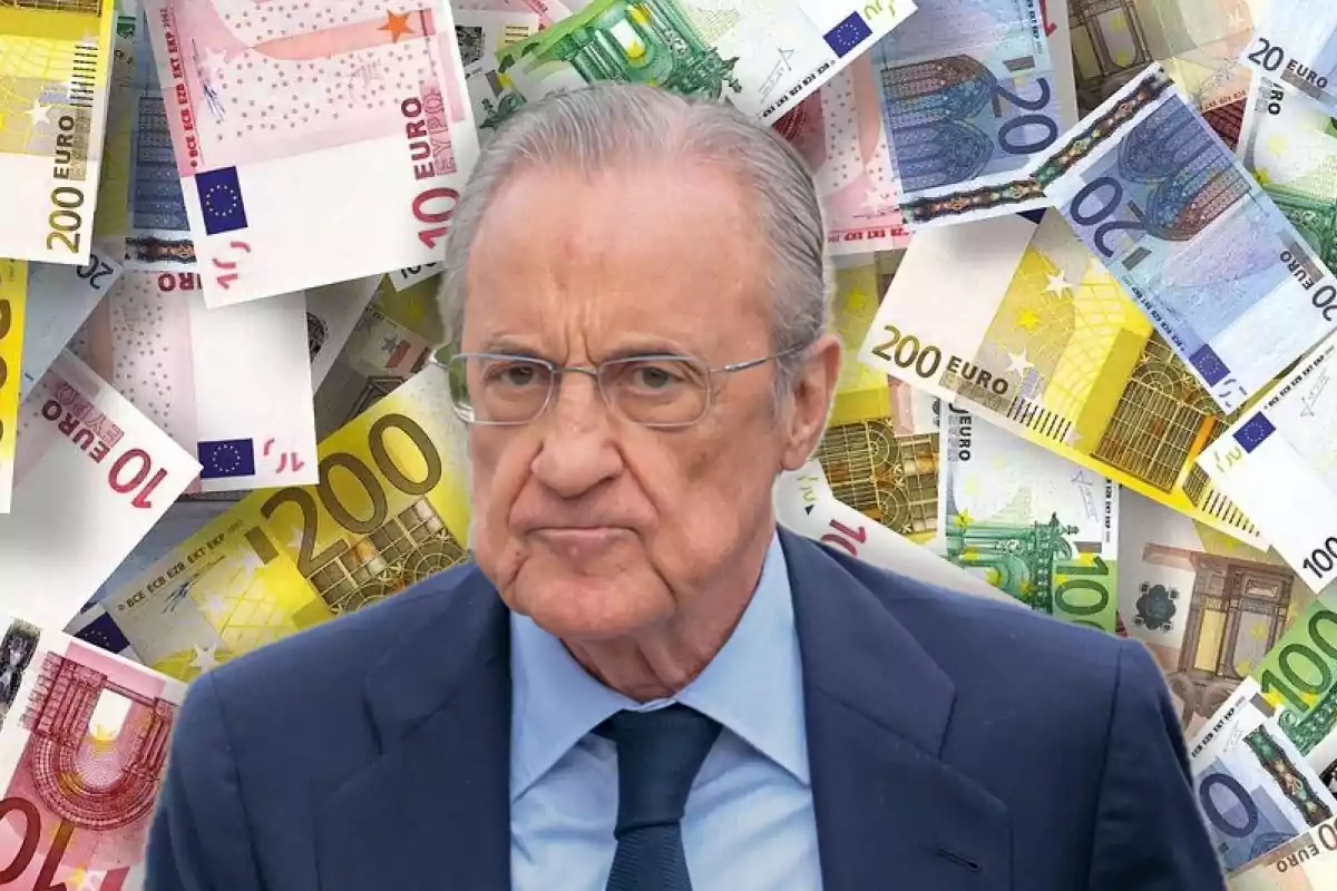 Un hombre mayor con expresión seria frente a un fondo de billetes de euro.