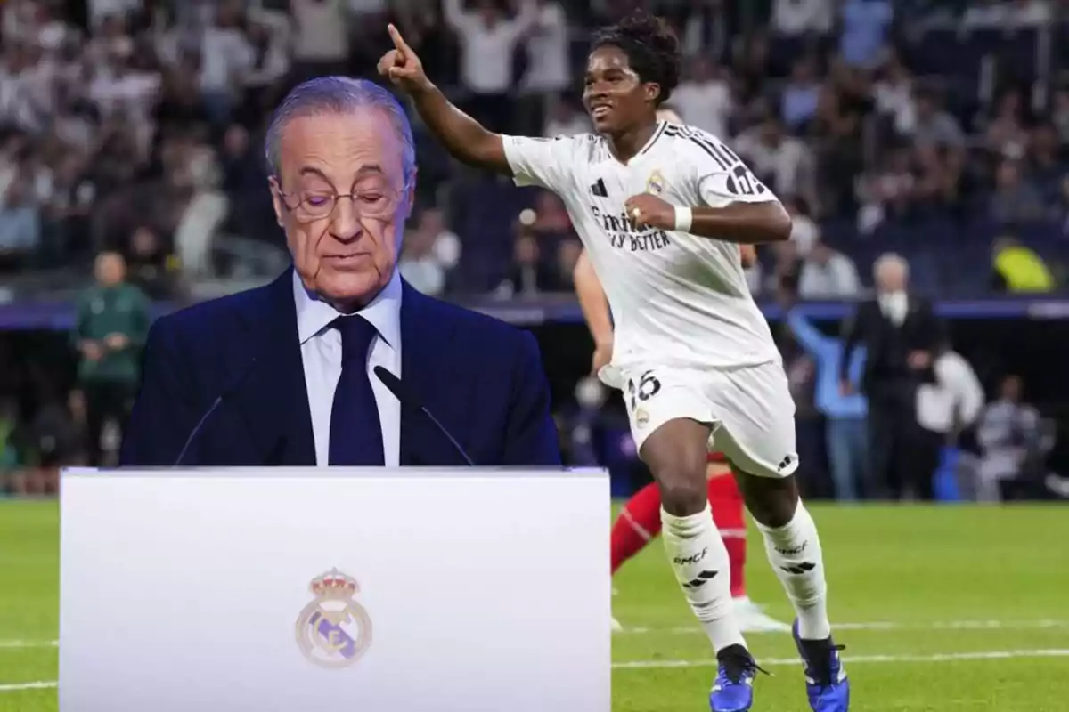 A man on a podium with the Real Madrid logo and a soccer player celebrating on the field.