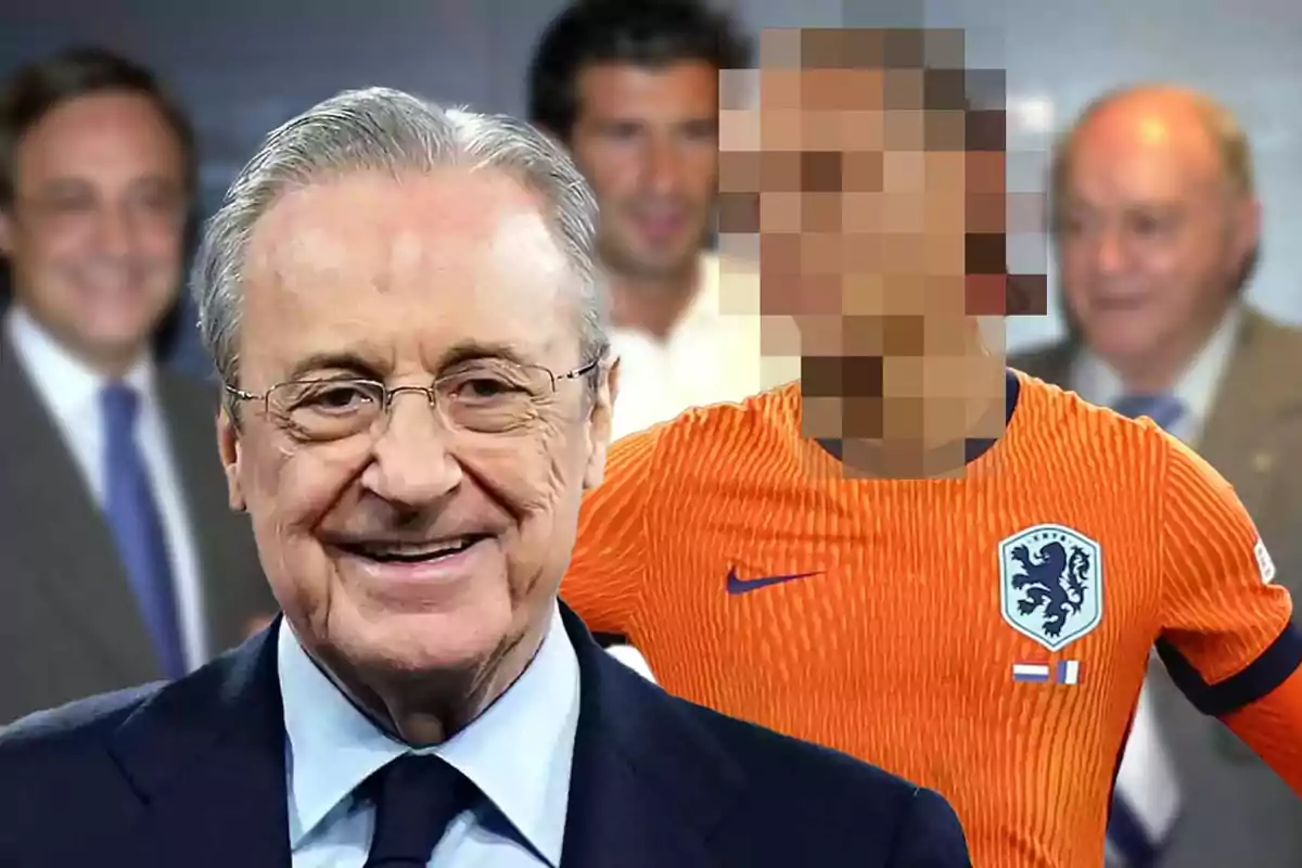 A smiling man in the foreground wearing a suit and tie, while in the background there&#39;s a pixelated figure wearing an orange soccer jersey.