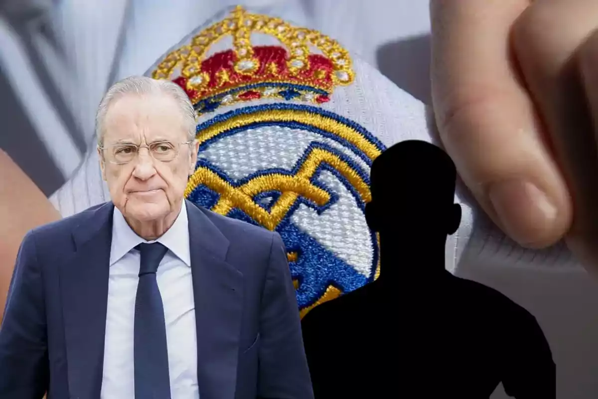 Older man with glasses and a suit in front of the Real Madrid crest and the silhouette of an unknown person