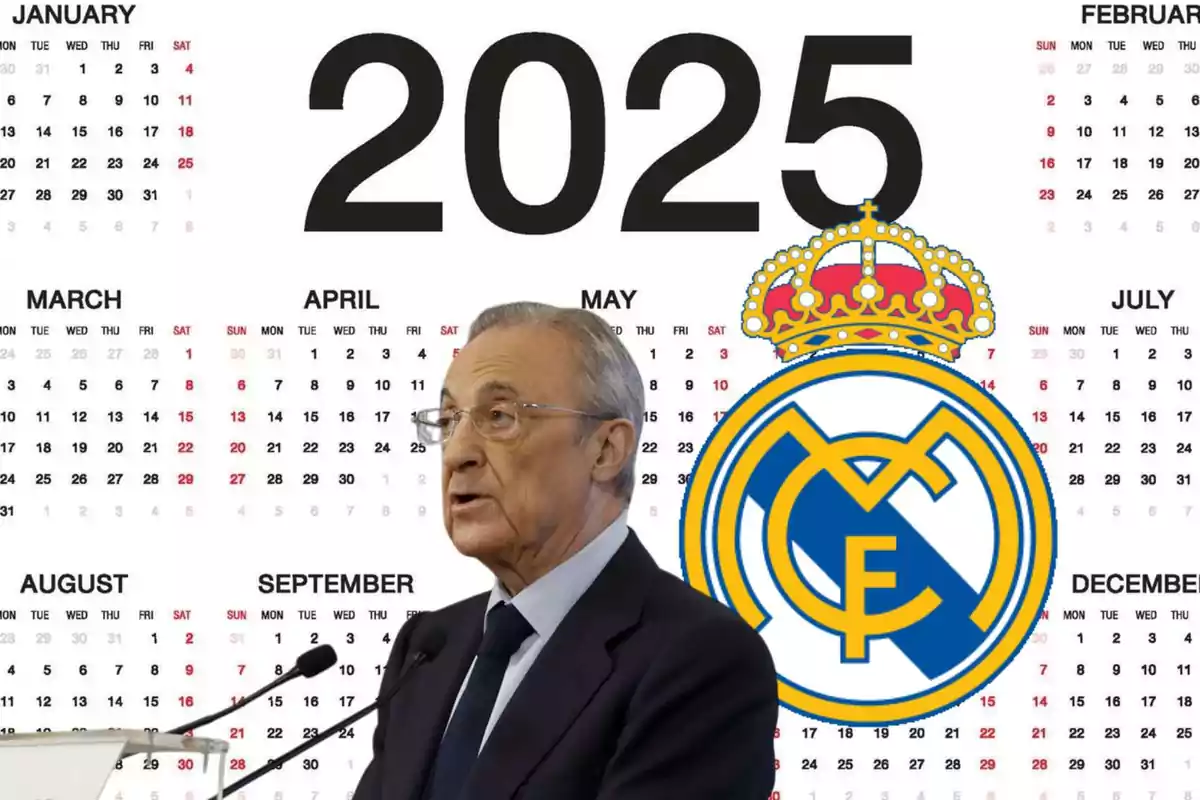 Man speaking at a podium in front of a 2025 calendar with the Real Madrid crest.