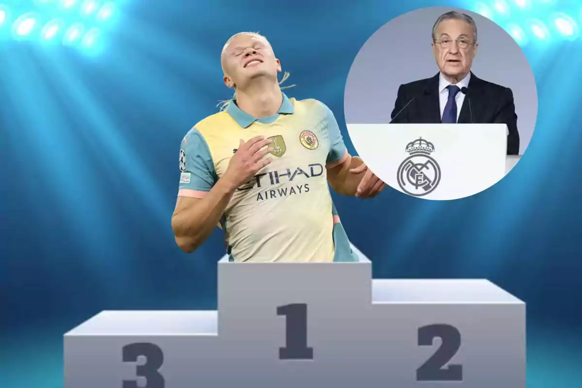 Un jugador de fútbol en un podio de primer lugar con una imagen de un hombre en un podio de conferencias del Real Madrid en el fondo.