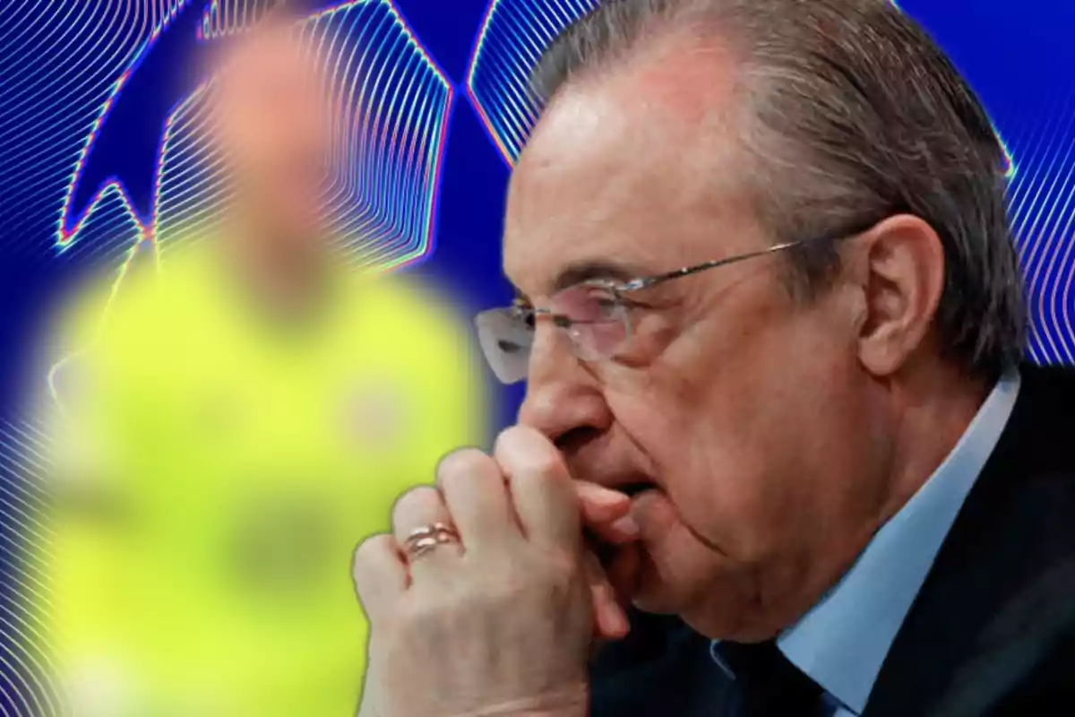 Pensive man with a blue background and a blurred figure of a person in a yellow jersey