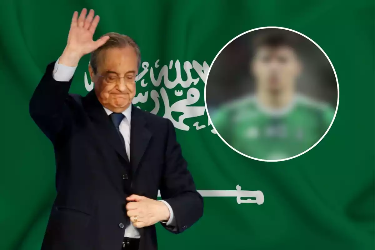 A man in a dark suit raises his hand in front of a green flag with Arabic writing and a blurred image of a person in a circle.