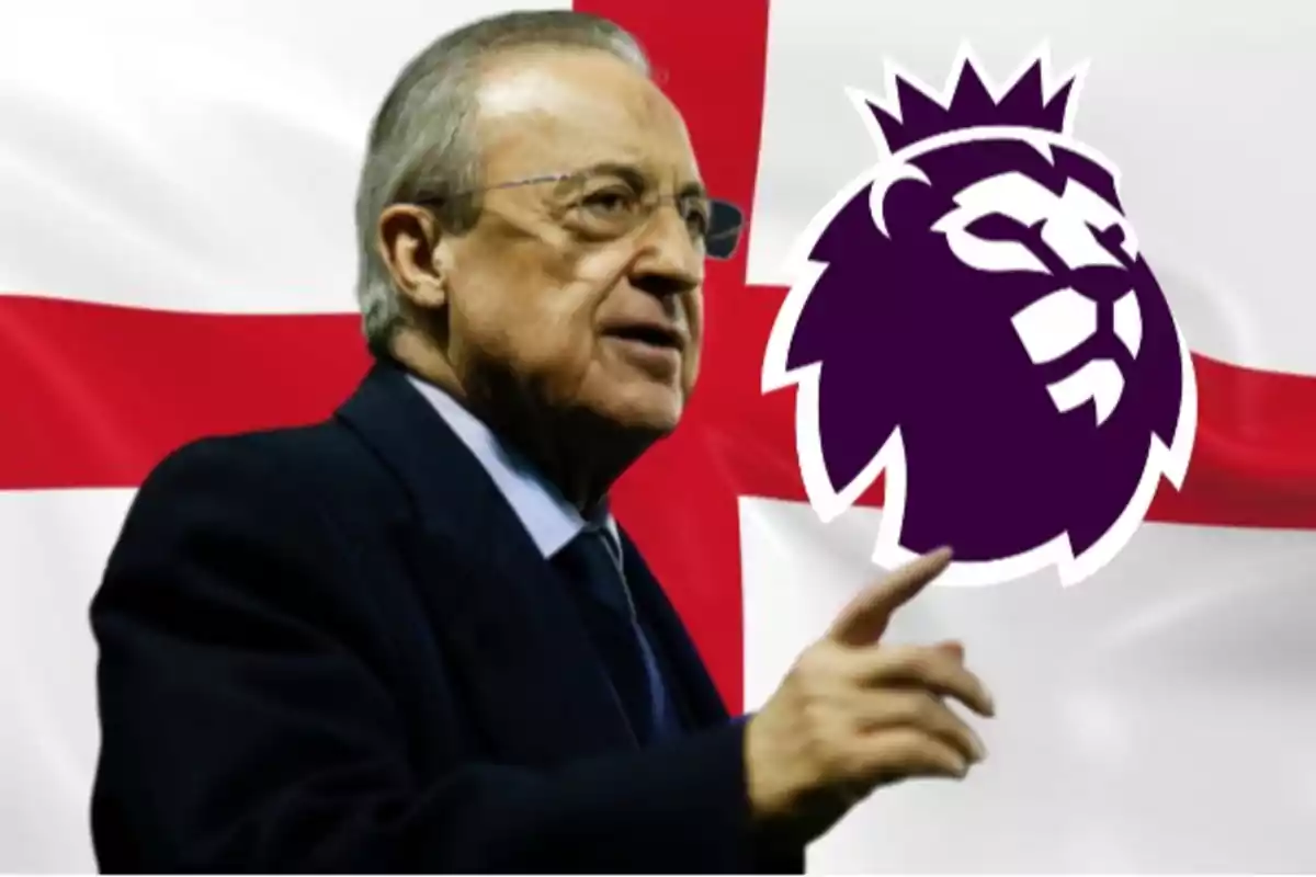 A man in a suit in front of a flag with a red cross and a lion logo.