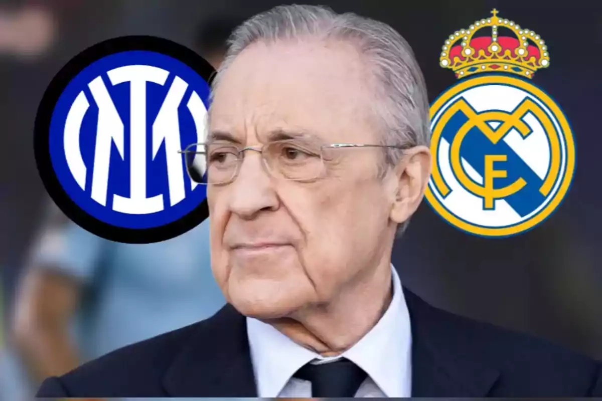 Older man with glasses and a suit between the Inter Milan and Real Madrid crests